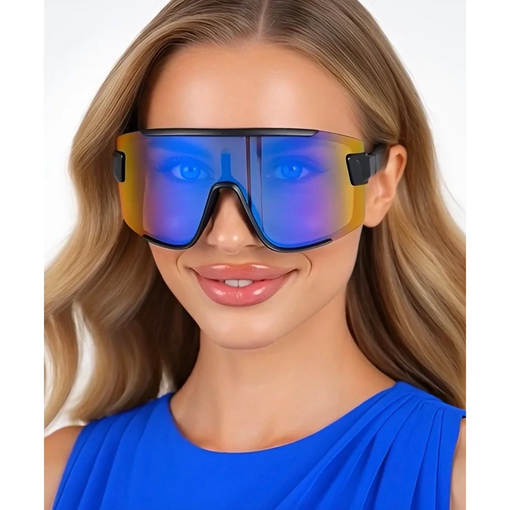 Oversized Shield Sunglasses Black Frame Iridescent Mirrored Lens Women Lentes
